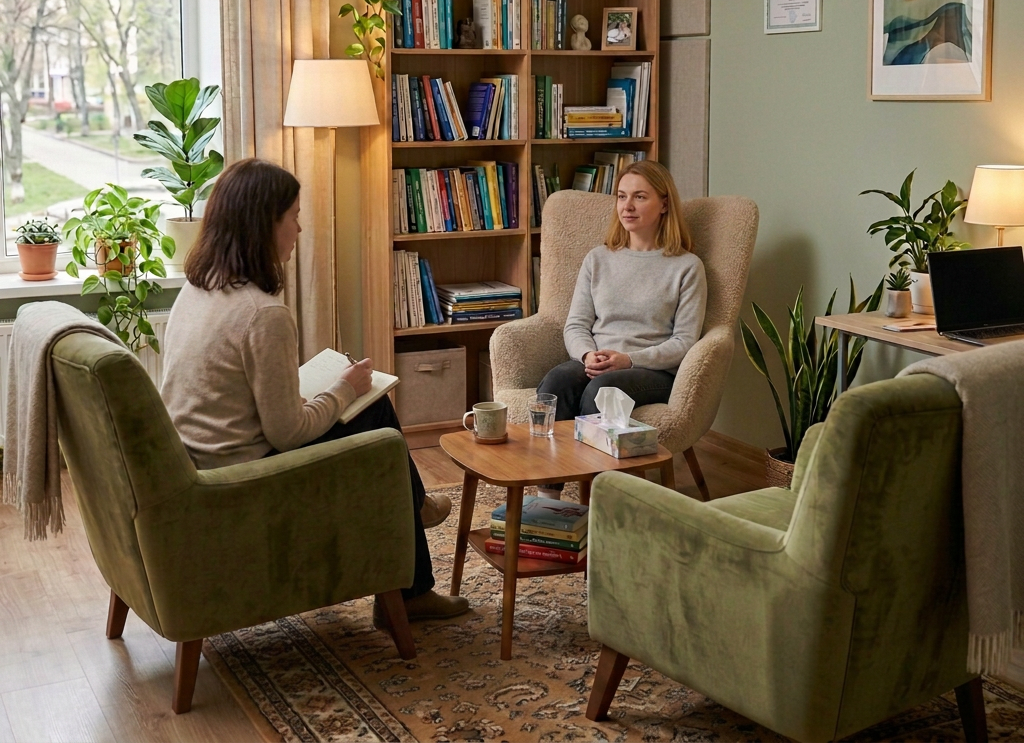 Therapist seated in beige armchair in a cozy office with bookshelves, plants, and green chairs