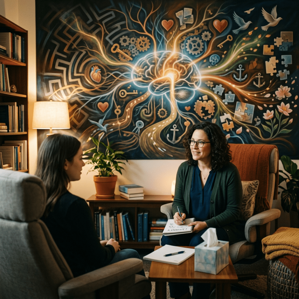 Therapist taking notes while talking to a client in a comfortable office with brain-themed mural
