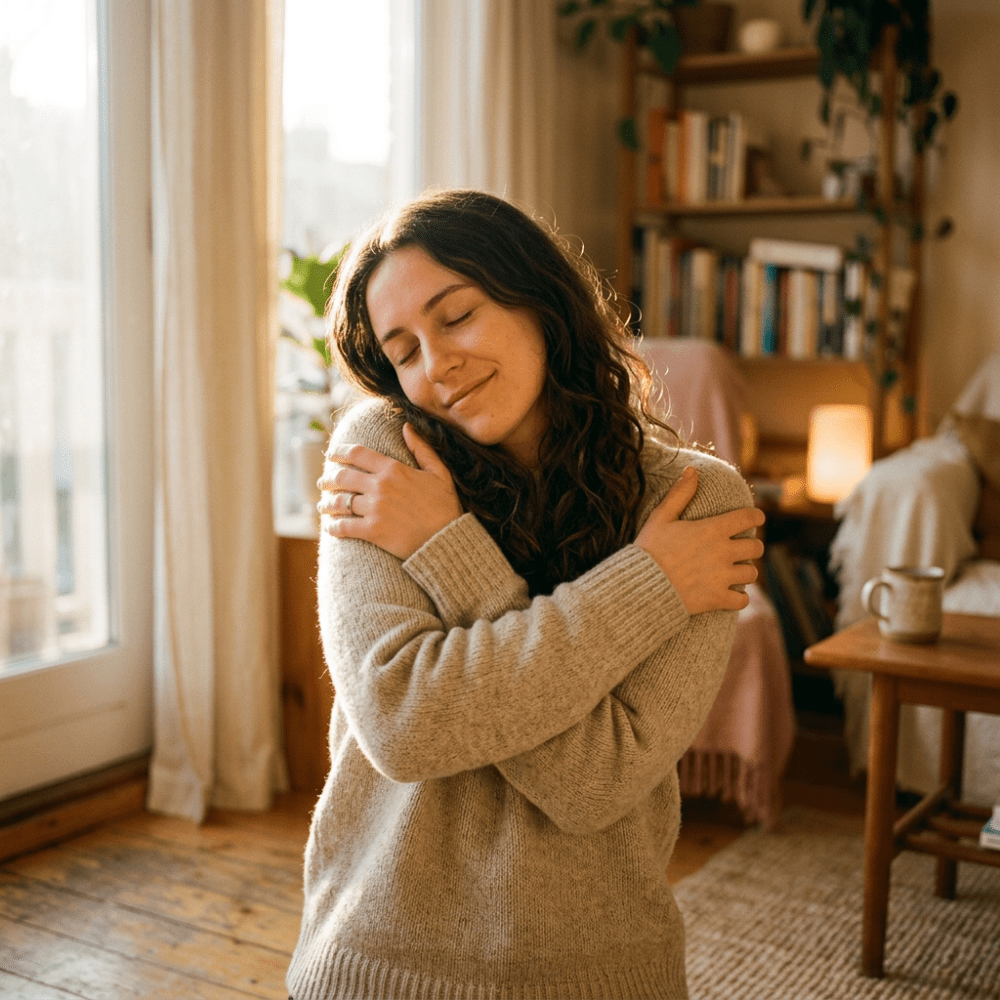 Woman hugging herself with eyes closed in cozy living room